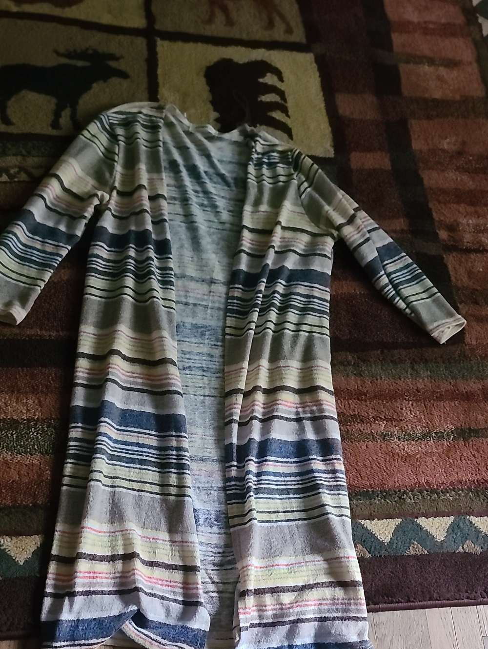 Ginger G Long Open-Front Striped Cardigan - Blue, Gray, Cream